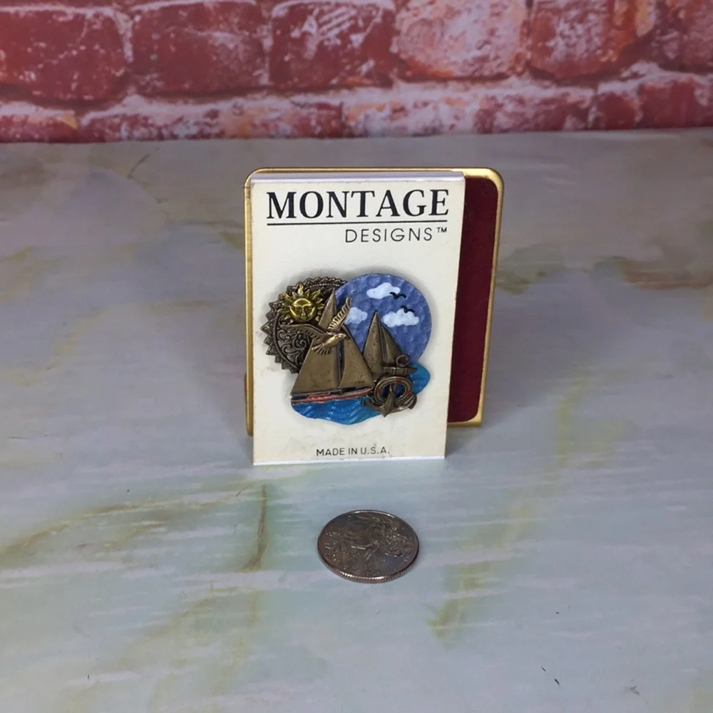 Vintage Montage Designs Nautical Brass Tone Sailing Brooch